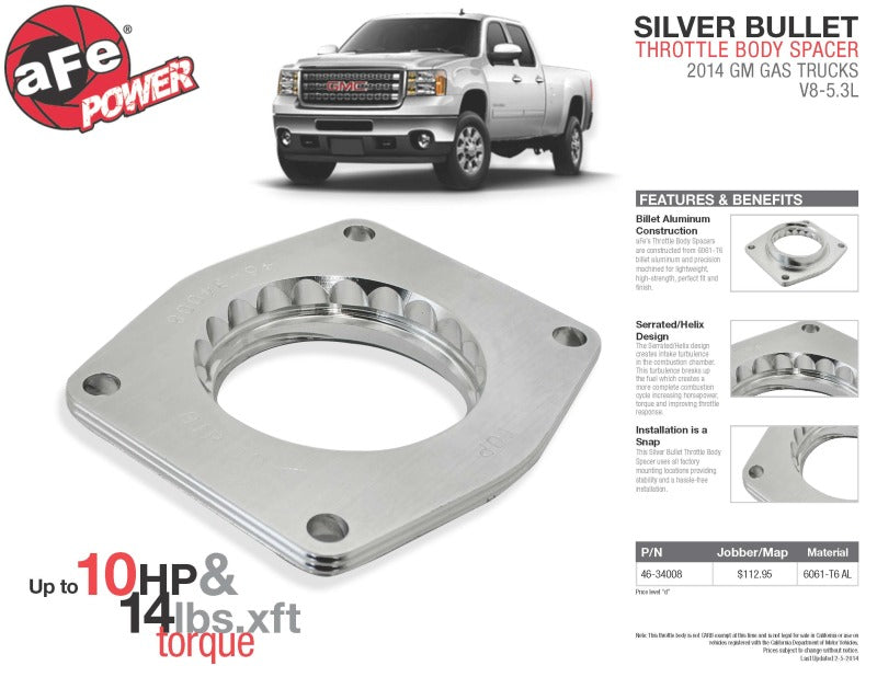 aFe Silver Bullet Throttle Body Spacers TBS 2014 GM Silverado/Sierra 1500 V8 5.3L aFe Throttle Body Spacers  AXOPROS