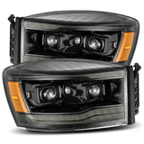AlphaRex 06-08 Dodge Ram 1500HD LUXX LED Projector Headlights Plank Style Alpha Blk w/Seq Signal/DRL AlphaRex Headlights  AXOPROS