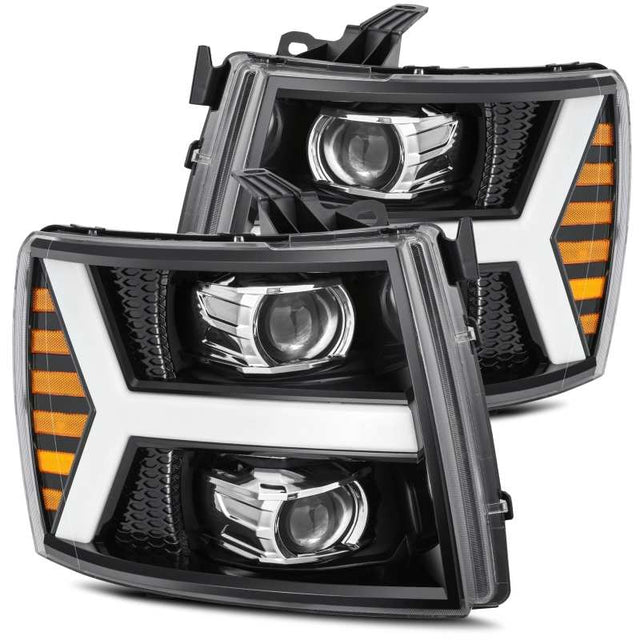 AlphaRex 07-13 Chevy 1500 LUXX LED Proj Headlights Plank Style Jet Blk w/ Activ Light/Seq Signal/DRL AlphaRex Headlights  AXOPROS