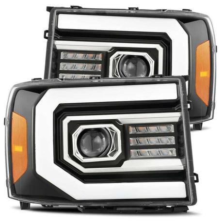 AlphaRex 07-13 GMC Sierra 1500 (No Clsc) LUXX-Series LED Proj HL Jet Blk w/Actv Lgt & Seq.Sig / DRL AlphaRex Headlights  AXOPROS