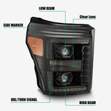 AlphaRex 11-16 Ford F-350 SD LUXX LED Proj Headlights Plank Style Alpha Blk w/Activ Light/Seq Signal AlphaRex Headlights  AXOPROS