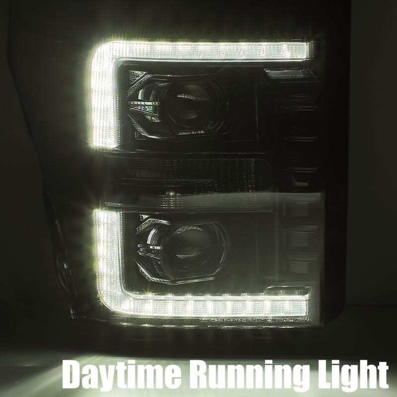 AlphaRex 11-16 Ford F-350 SD LUXX LED Proj Headlights Plank Style Black w/Activ Light/Seq Signal AlphaRex Headlights  AXOPROS