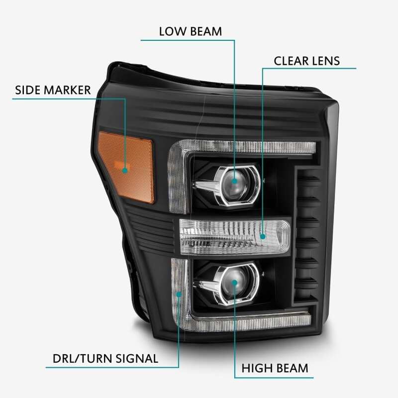 AlphaRex 11-16 Ford F-350 SD LUXX LED Proj Headlights Plank Style Black w/Activ Light/Seq Signal AlphaRex Headlights  AXOPROS