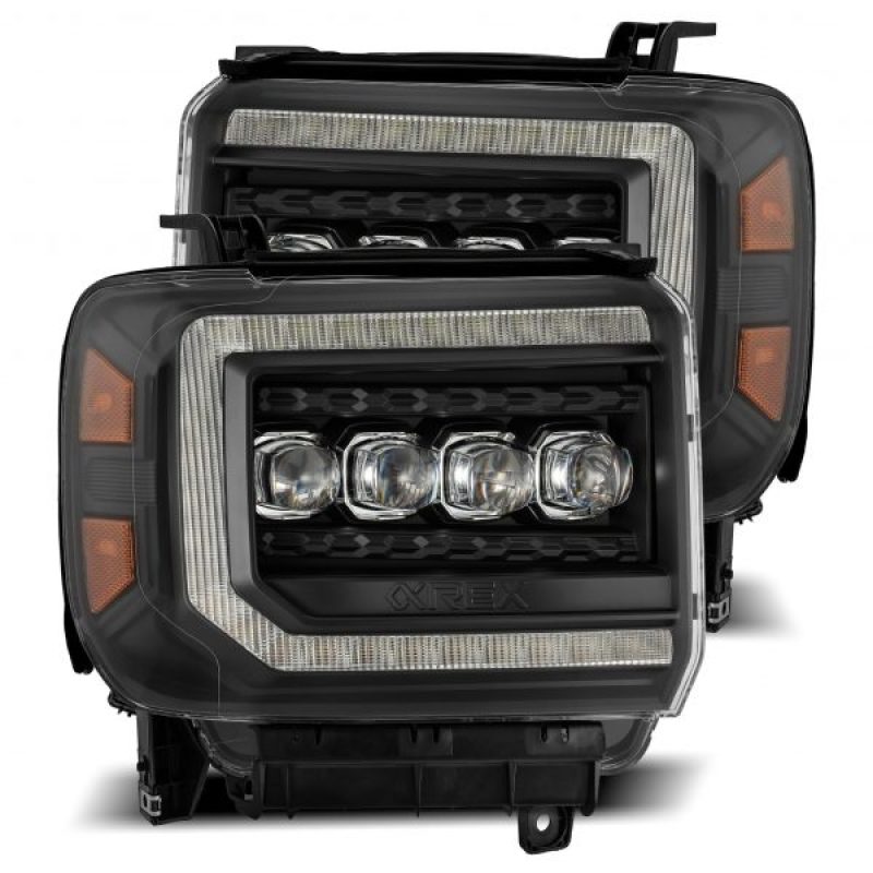 AlphaRex 14-18 GMC Sierra NOVA LED Proj Headlights Plank Style Black w/Activ Light/Seq Signal/DRL AlphaRex Headlights  AXOPROS