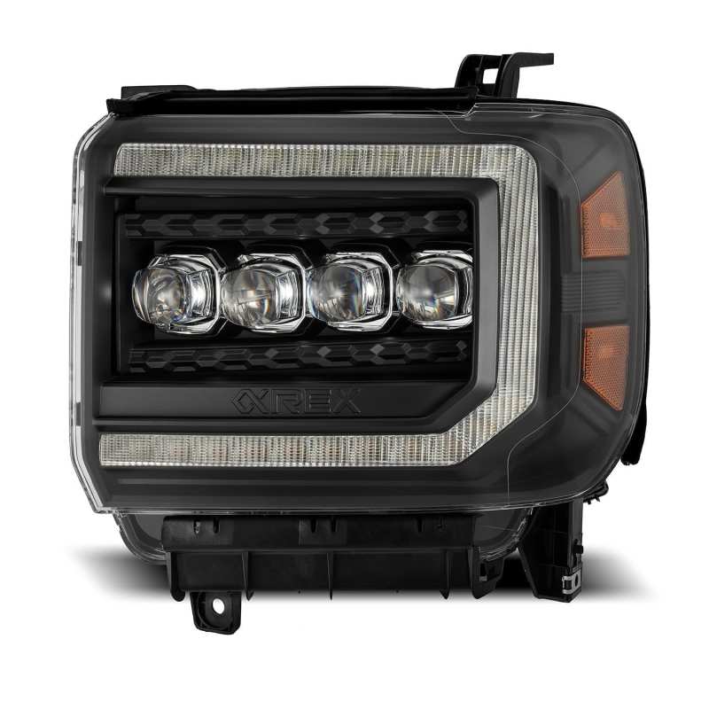 AlphaRex 14-18 GMC Sierra NOVA LED Proj Headlights Plank Style Black w/Activ Light/Seq Signal/DRL AlphaRex Headlights  AXOPROS