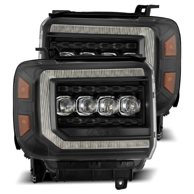 AlphaRex 14-18 GMC Sierra NOVA LED Proj Headlights Plank Style Black w/Activ Light/Seq Signal/DRL AlphaRex Headlights  AXOPROS