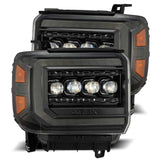 AlphaRex 14-18 GMC Sierra NOVA LED Proj Headlights Plnk Style Alpha Blk w/Activ Light/Seq Signal/DRL AlphaRex Headlights  AXOPROS