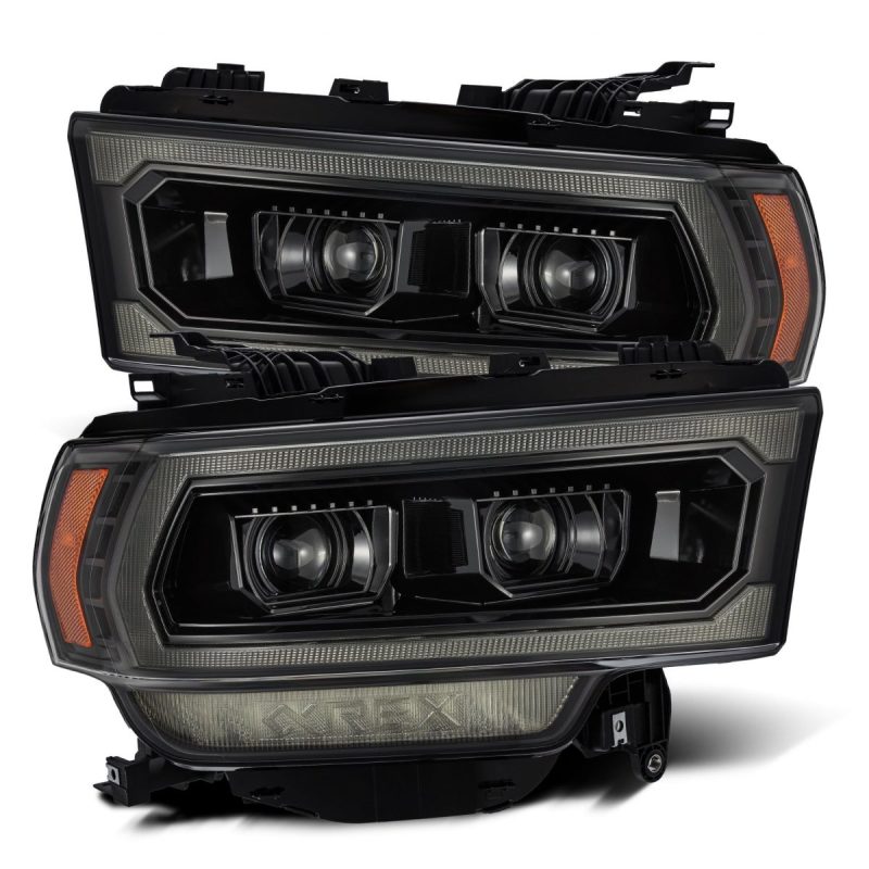 AlphaRex 19-21 Ram 2500 LUXX LED Proj Headlights Plank Style Alpha Blk w/Activ Light/Seq Signal/DRL AlphaRex Headlights  AXOPROS
