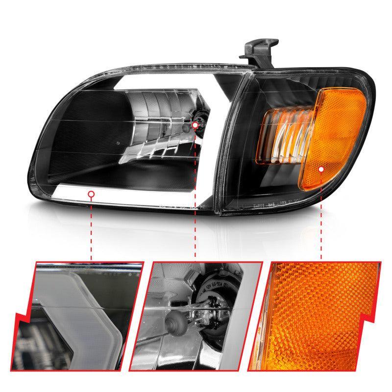 ANZO 00-04 Toyota Tundra (Fits Reg/Acc Cab Only) Crystal Headlights w/Light Bar Black w/Corner Light ANZO Headlights  AXOPROS