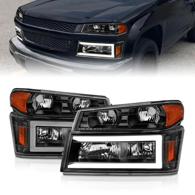 ANZO 04-12 GM Colorado/Canyon/I-Series Crystal Headlights - w/ Light Bar Black Housing 4pcs ANZO Headlights  AXOPROS