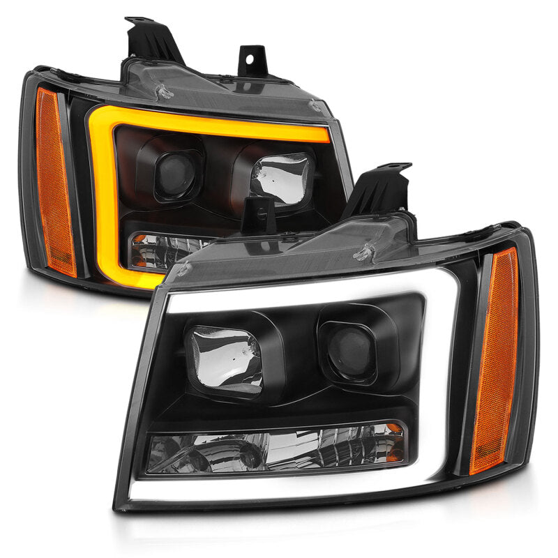 ANZO 07-14 Chevy Tahoe Projector Headlights w/ Plank Style Design Black w/ Amber ANZO Headlights  AXOPROS