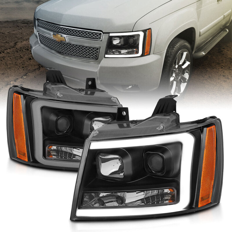 ANZO 07-14 Chevy Tahoe Projector Headlights w/ Plank Style Design Black w/ Amber ANZO Headlights  AXOPROS