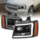 ANZO 07-14 Chevy Tahoe Projector Headlights w/ Plank Style Design Black w/ Amber ANZO Headlights  AXOPROS