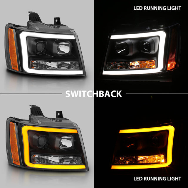 ANZO 07-14 Chevy Tahoe Projector Headlights w/ Plank Style Design Black w/ Amber ANZO Headlights  AXOPROS