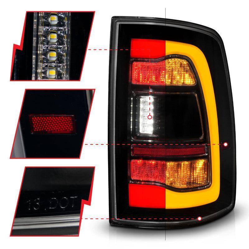 ANZO 09-18 Dodge Ram 1500 Sequential LED Taillights Smoke Black w/Switchback Amber Signal ANZO Tail Lights  AXOPROS