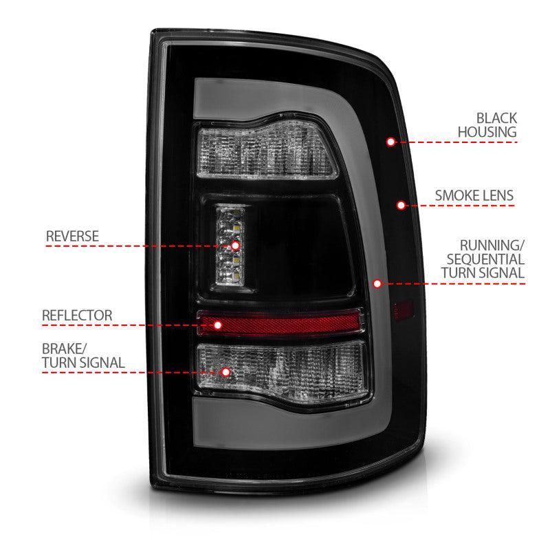 ANZO 09-18 Dodge Ram 1500 Sequential LED Taillights Smoke Black w/Switchback Amber Signal ANZO Tail Lights  AXOPROS