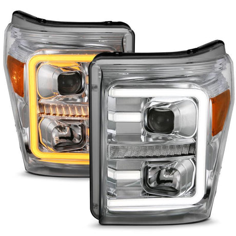 ANZO 11-16 Ford F-250/F-350/F-450 Projector Headlights w/ Plank Style Switchback Chrome w/Amber ANZO Headlights  AXOPROS