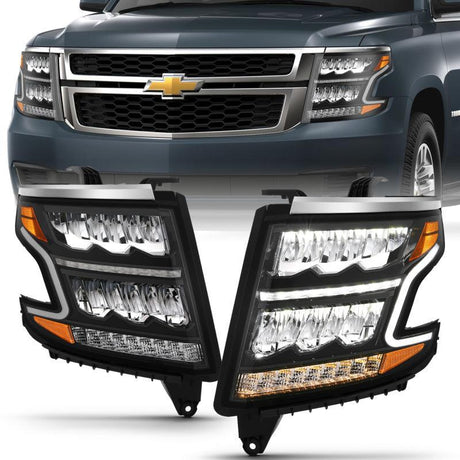 ANZO 15-20 Chevy Tahoe/Suburban LED Light Bar Style Headlights Black w/Sequential w/DRL w/Amber ANZO Headlights  AXOPROS