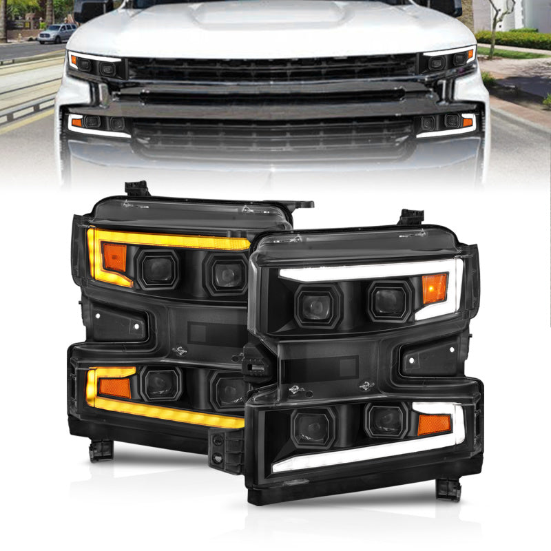 ANZO 19-22 Chevrolet Silverado 1500 LED Proj HL w/Lgt Bar SwBk Seq. Blk w/In. Light - Driver Side ON ANZO Headlights  AXOPROS