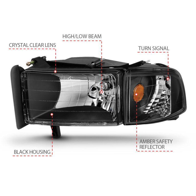 ANZO 1994-2001 Dodge Ram Crystal Headlights Black ANZO Headlights  AXOPROS