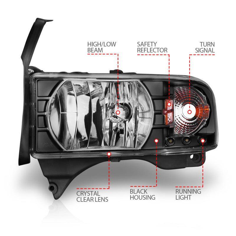 ANZO 1994-2001 Dodge Ram Crystal Headlights Black w/ LED ANZO Headlights  AXOPROS