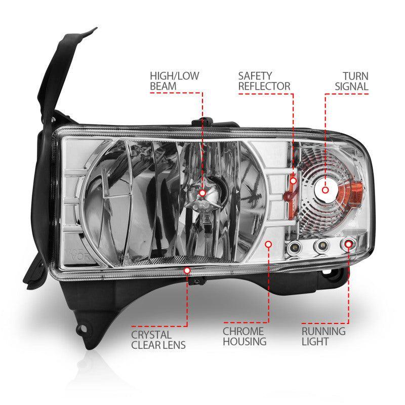 ANZO 1994-2001 Dodge Ram Crystal Headlights Chrome w/ LED ANZO Headlights  AXOPROS