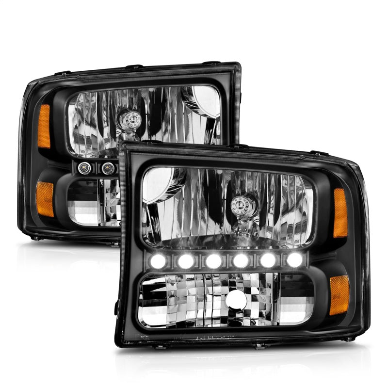ANZO 2000-2004 Ford Excursion Crystal Headlights Black w/ LED 1pc ANZO Headlights  AXOPROS