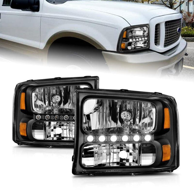 ANZO 2000-2004 Ford Excursion Crystal Headlights Black w/ LED 1pc ANZO Headlights  AXOPROS