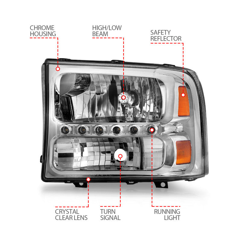 ANZO 2000-2004 Ford Excursion Crystal Headlights Chrome w/ LED 1pc ANZO Headlights  AXOPROS