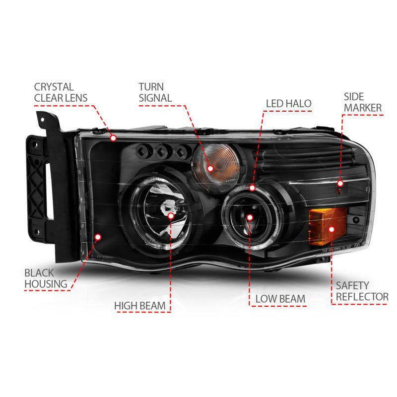 ANZO 2002-2005 Dodge Ram 1500 Projector Headlights w/ Halo Black Clear Amber ANZO Headlights  AXOPROS