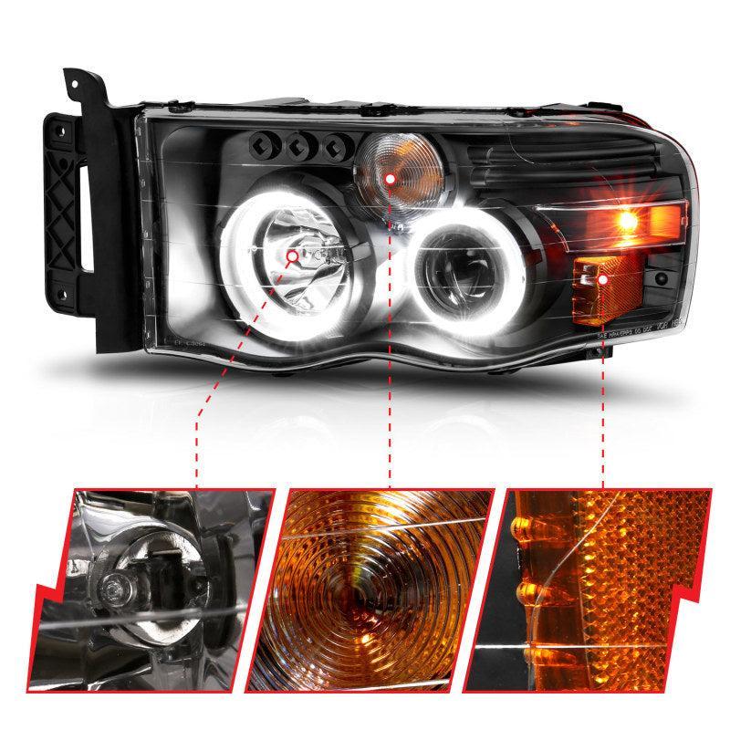 ANZO 2002-2005 Dodge Ram 1500 Projector Headlights w/ Halo Black Clear Amber ANZO Headlights  AXOPROS