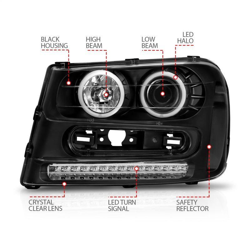 ANZO 2002-2009 Chevrolet Trailblazer Projector Headlights w/ Halo Black ANZO Headlights  AXOPROS