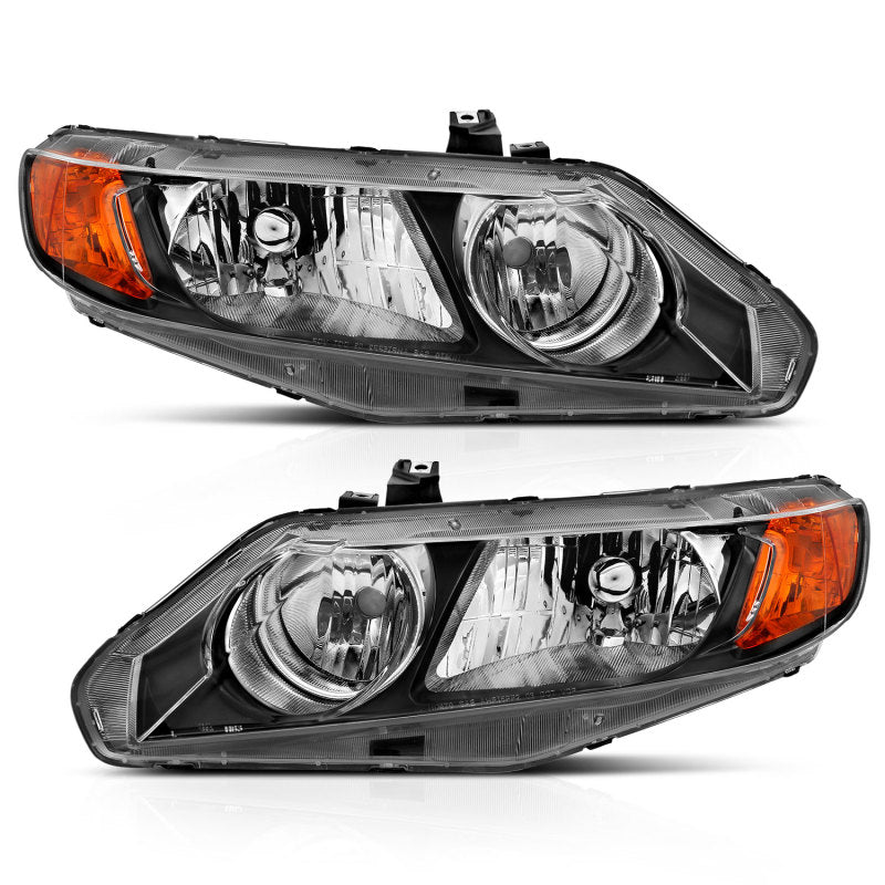 ANZO 2006-2011 Honda Civic 4 Door Crystal Headlight Black Amber (OE Replacement) ANZO Headlights  AXOPROS