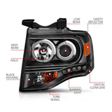 ANZO 2007-2014 Ford Expedition Projector Headlights w/ Halo Black ANZO Headlights  AXOPROS