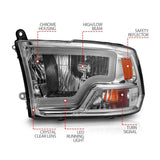 ANZO 2009-2018 Dodge Ram 1500/ 2500/ 3500 Crystal Headlights w/ Light Bar Chrome Housing ANZO Headlights  AXOPROS