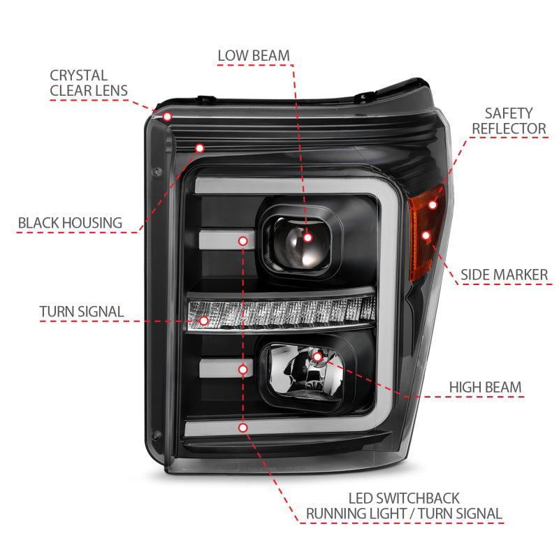 ANZO 2011-2016 Ford F250 Projector Headlights w/ Plank Style Switchback Black w/ Amber ANZO Headlights  AXOPROS