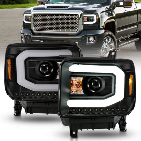 ANZO 2014-2015 GMC Sierra 1500 Projector Headlights w/ Light Bar Black Housing (Halogen Type) ANZO Headlights  AXOPROS