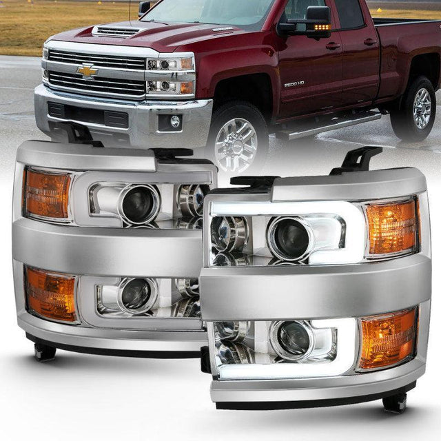 ANZO 2015-2016 Chevrolet Silverado Projector Headlights w/ Plank Style Design Chrome w/ Amber ANZO Headlights  AXOPROS