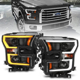 ANZO 2015-2017 Ford F-150 Projector Headlights w/ Plank Style Switchback Black w/ Amber ANZO Headlights  AXOPROS