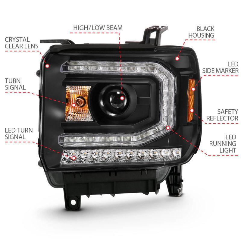 ANZO 2016-2019 Gmc Sierra 1500 Projector Headlight Plank Style Black w/ Sequential Amber Signal ANZO Headlights  AXOPROS