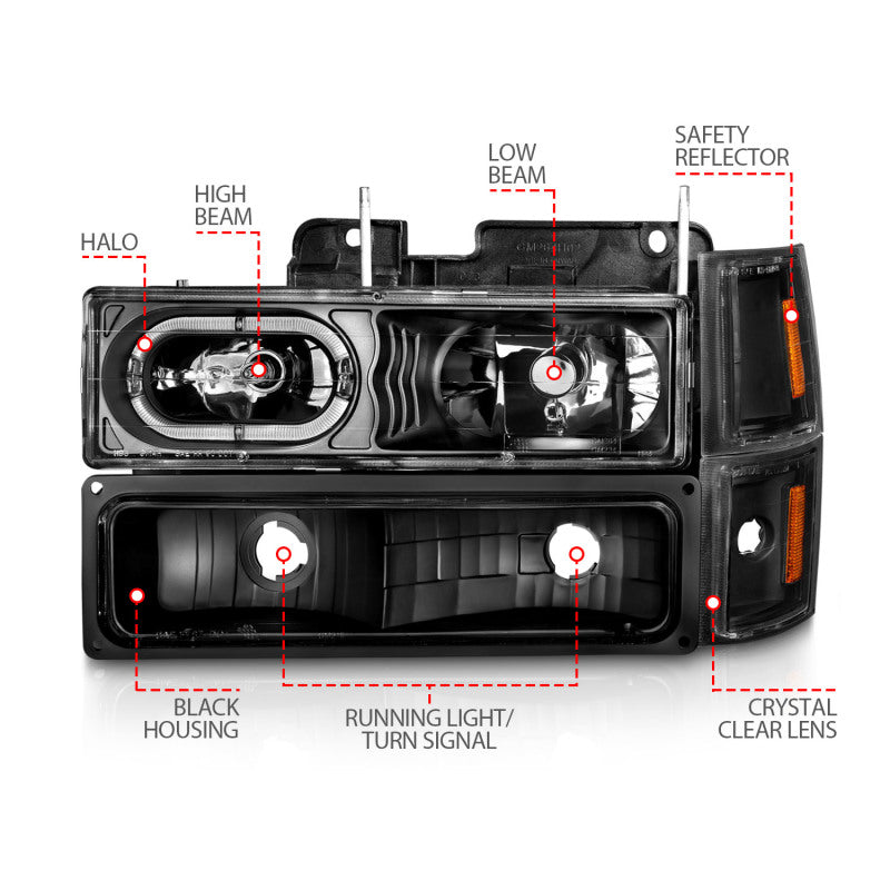 ANZO 88-98 Chevrolet C1500 Crystal Headlights Black Housing w/ Signal and Side Marker Lights ANZO Headlights  AXOPROS