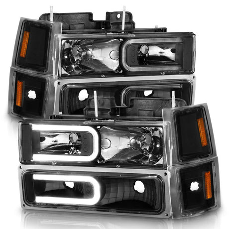 ANZO 88-98 Chevrolet C1500 Crystal Headlights w/ Light Bar Black Housing w/ Signal Side Markers 8Pcs ANZO Headlights  AXOPROS