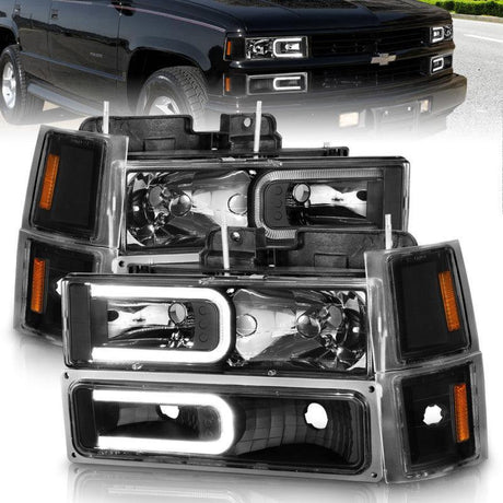 ANZO 88-98 Chevrolet C1500 Crystal Headlights w/ Light Bar Black Housing w/ Signal Side Markers 8Pcs ANZO Headlights  AXOPROS