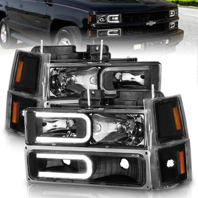 ANZO 88-98 Chevrolet C1500 Crystal Headlights w/ Light Bar Black Housing w/ Signal Side Markers 8Pcs ANZO Headlights  AXOPROS
