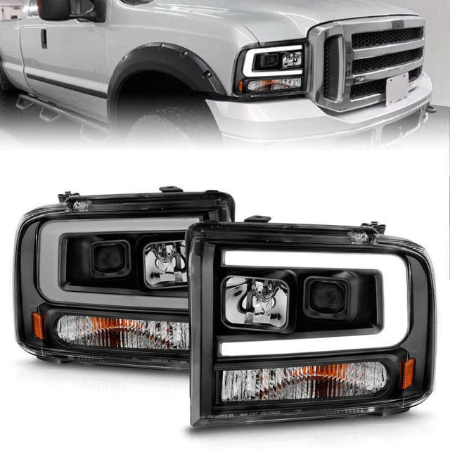 ANZO 99-04 Ford F250/F350/F450/Excursion (excl 99) Projector Headlights - w/ Light Bar Black Housing ANZO Headlights  AXOPROS