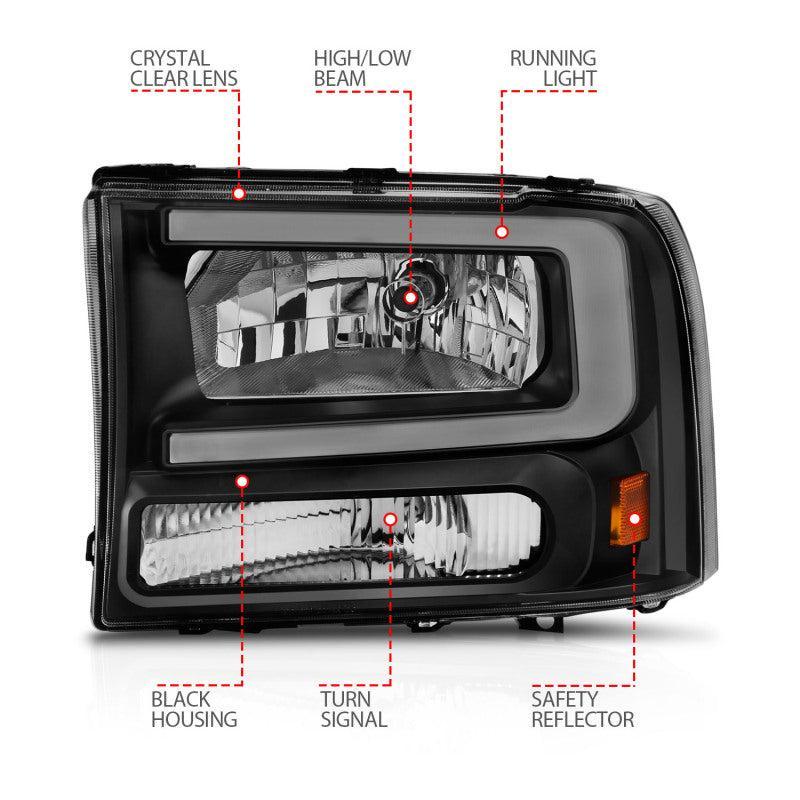 ANZO 99-04 Ford F250/F350/F450/Excursion (excl. 99) Crystal Headlights - w/ Light Bar Black Housing ANZO Headlights  AXOPROS