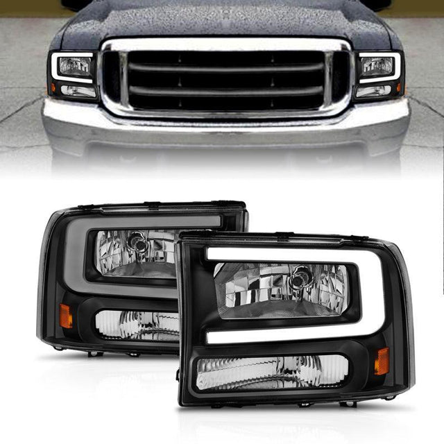 ANZO 99-04 Ford F250/F350/F450/Excursion (excl. 99) Crystal Headlights - w/ Light Bar Black Housing ANZO Headlights  AXOPROS