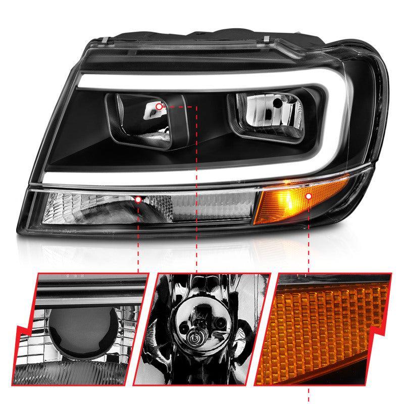 ANZO 99-04 Jeep Grand Cherokee Crystal Headlights - w/ Light Bar Black Housing ANZO Headlights  AXOPROS