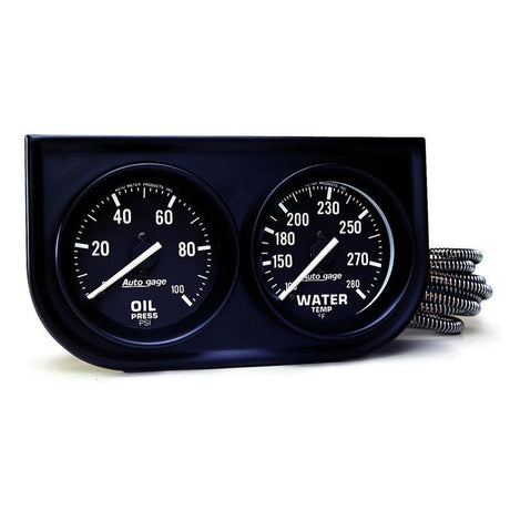 Autometer AutoGage Two-Gauge Console 52.4mm Mech 0-100 PSI Oil Press / 130-280 Deg Water Temp- Black AutoMeter Gauges  AXOPROS
