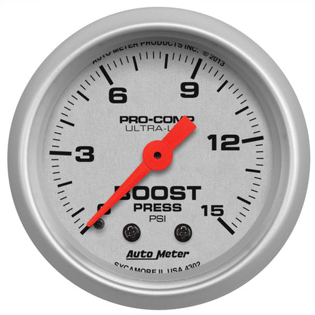 Autometer Ultra-Lite 52mm 0-15 PSI Mechanical Boost Gauge AutoMeter Gauges  AXOPROS